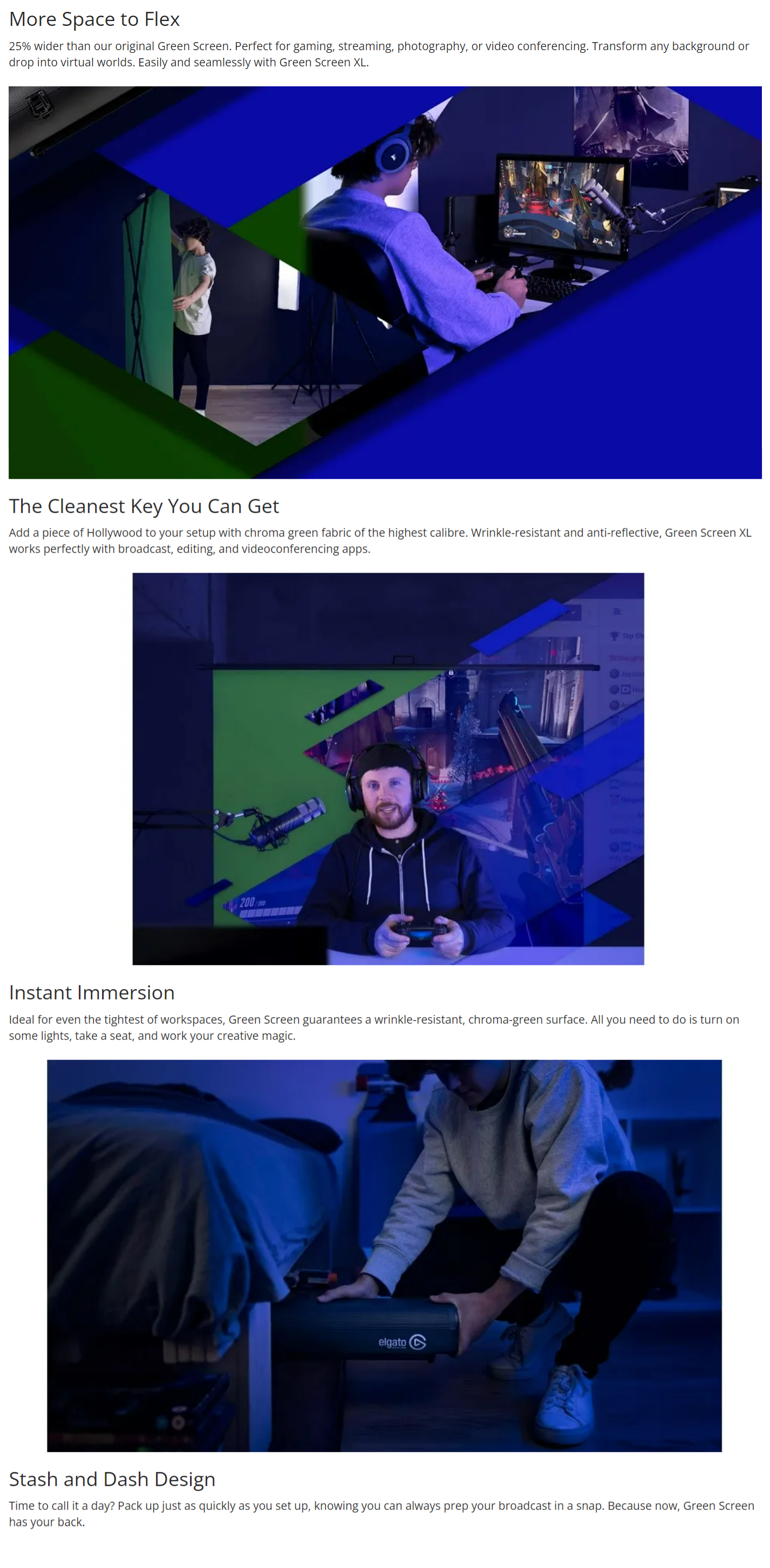 A large marketing image providing additional information about the product Elgato Collapsible Chroma Key Panel Green Screen XL - Additional alt info not provided
